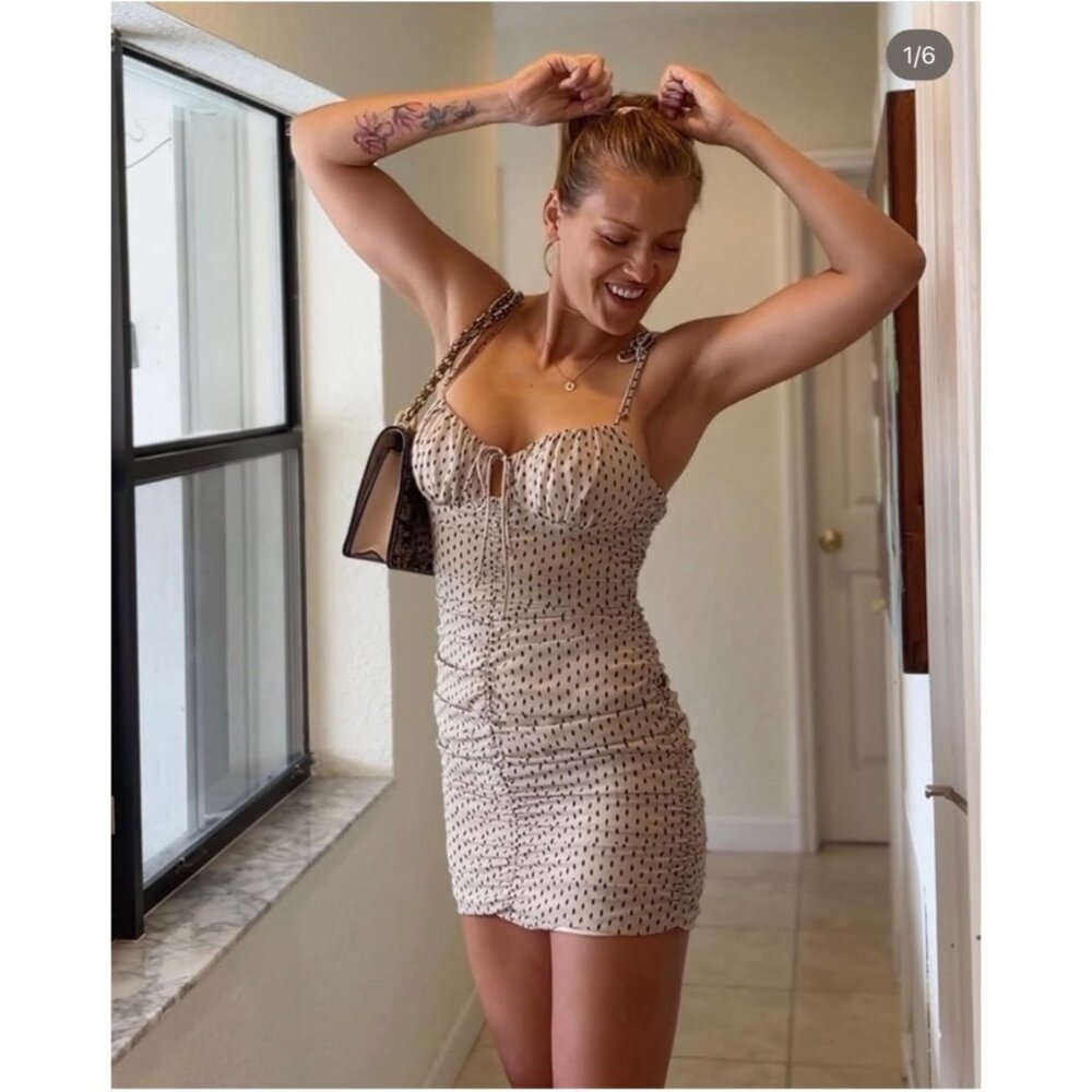 Cotton Candy Ivory Polka Dot Sleeveless Ruched Bodycon Mini Dress | Y2K Club S - Picture 7 of 10